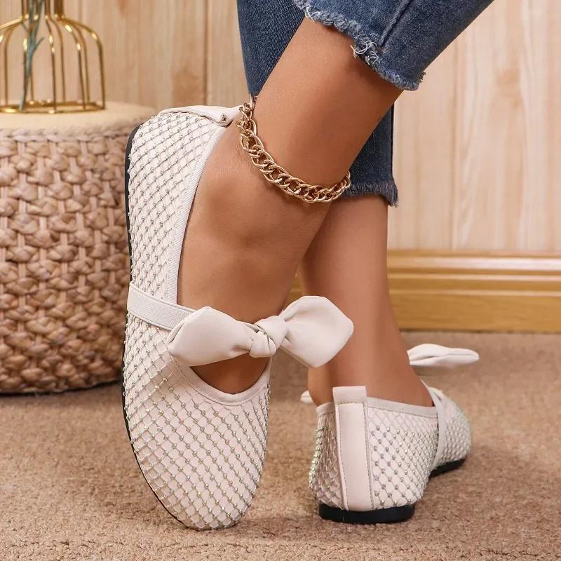 2024 Heiß Verkauft Luxus Strass Nieten Ballerinas Damen Schleife Weiche Sohle Mary Jane Schuhe Damen Kristall Schnalle Slipper