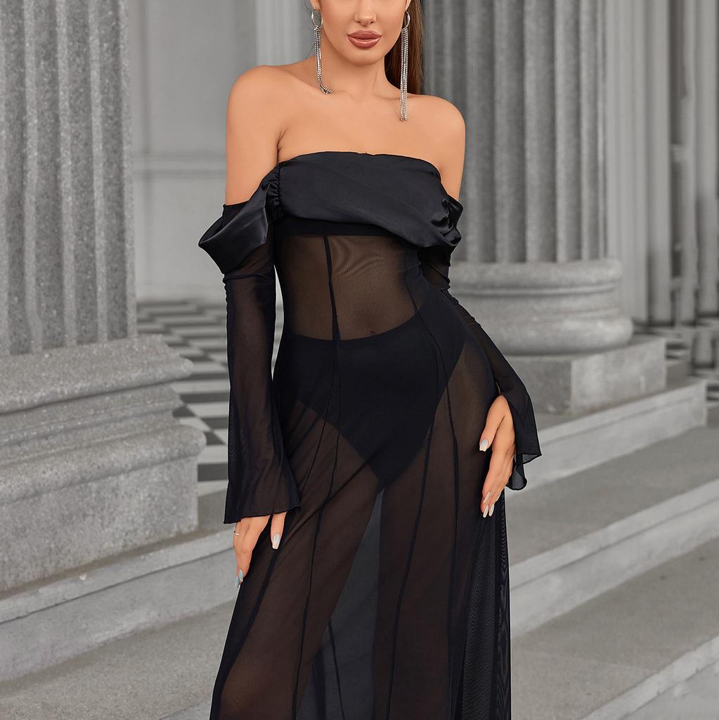 Mesh Tube Top Long-sleeved Dress, European and American Sexy Backless Perspective One-word Shoulder Long Skirt