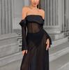 Mesh Tube Top Long-sleeved Dress, European and American Sexy Backless Perspective One-word Shoulder Long Skirt