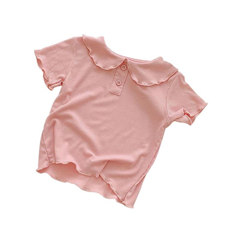 Summer Girls' Ice Silk Peter Pan Collar Short Sleeve T-Shirt – Solid Color, Thin Style, Versatile Children's Top.