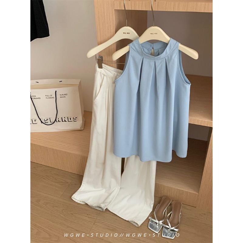 Женский летний повседневный топ на бретельках с вырезом-халтер, плиссированный, с круглым вырезом, шифоновый, легкий S синий