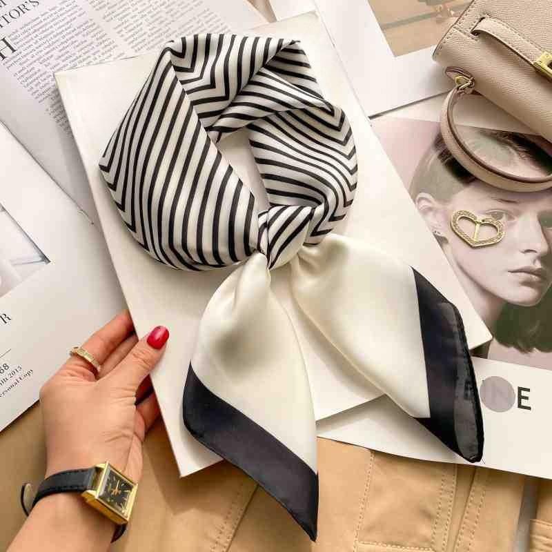 70cm White Stripe Nordic Style Silk Scarf Women Large Square Shawl Simple Chic Decorative Versatile Headwear Clothing Bags Scarf