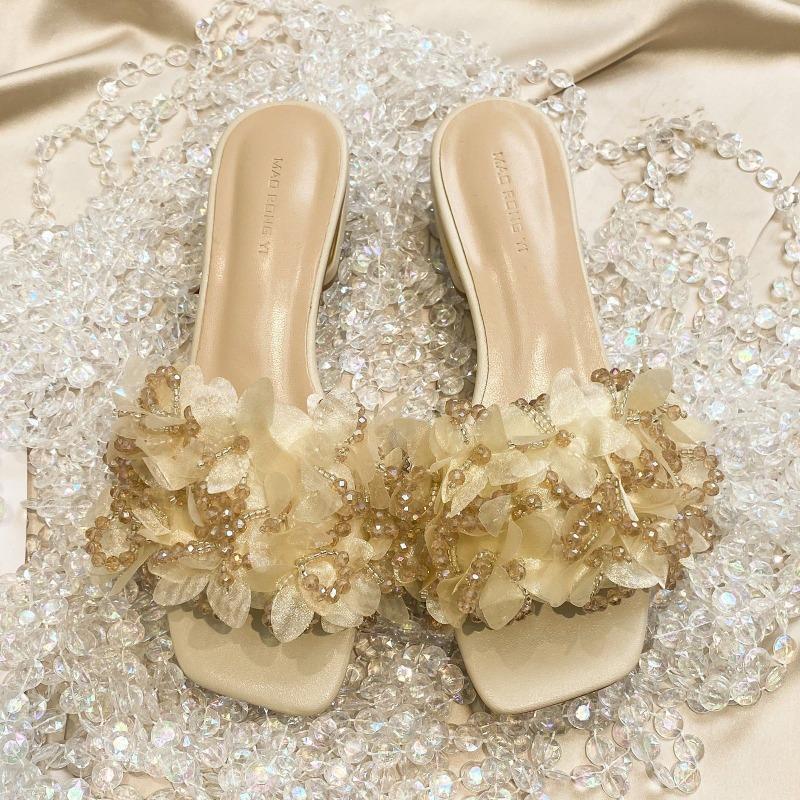 

Новые нишевые шлепанцы на толстом каблуке с цветочной феей для знаменитостей, модные летние женские шлепанцы на плоской подошве с одним ремешком 40 абрикосовый