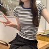 Contrasting Color Striped Crew Neck Front Shoulder Short-sleeved T-shirt Women's Summer Commute Versatile Slim-fit Design Sense Thin Bottoming Top
