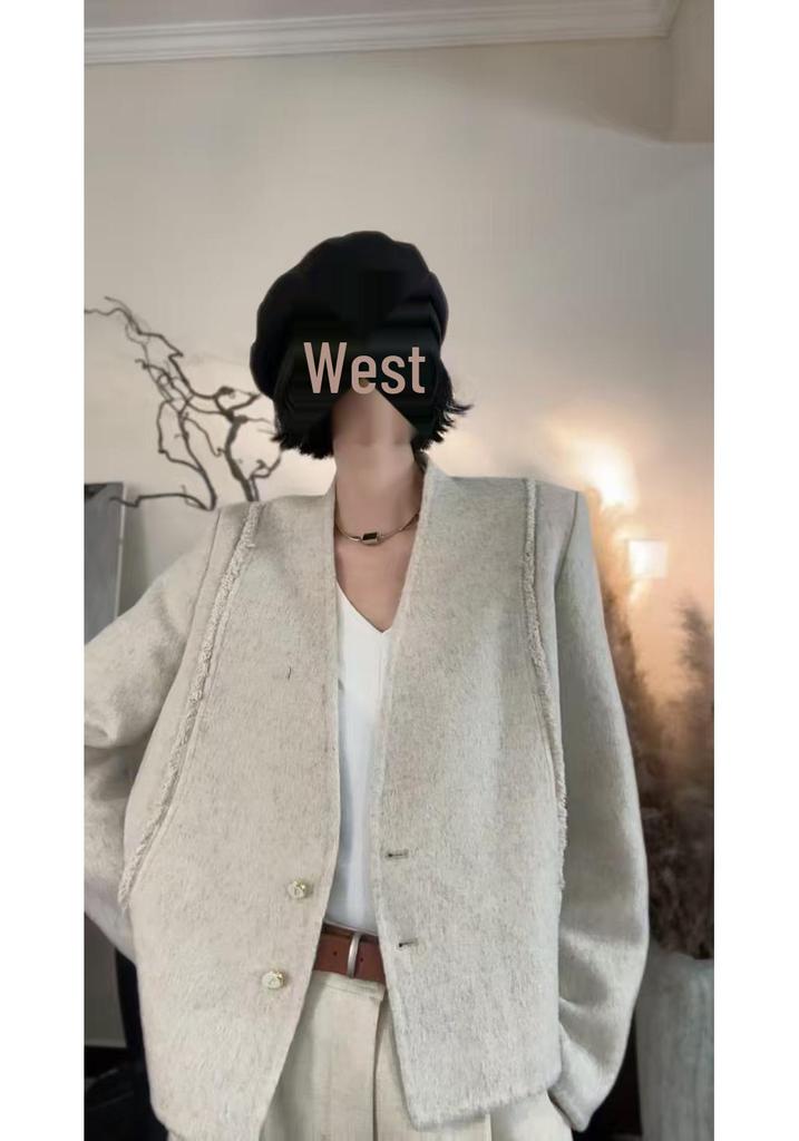 Women's Off-Season Double-Faced V-Neck Wool Coat - Elegant, Loose-Fit, Short Design