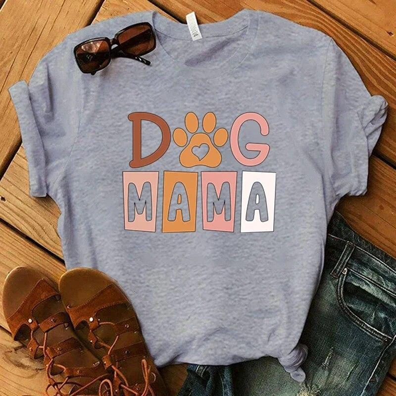 Dog Mama Printing T-Shirt Women Tees Round Neck T-Shirt