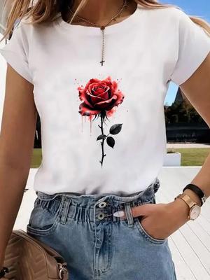 (Rozmiar azjatycki)  modny kwiatowy styl uroczy graficzny t-shirt moda t odzież damski top nadruk damski casualowy t-shirt z krótkim rękawem