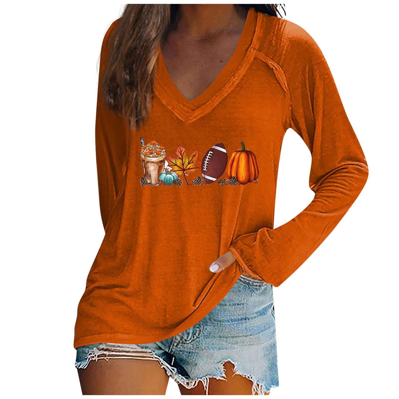 

Женская мода с длинным рукавом с v-образным вырезом и мелким принтом, повседневная свободная футболка, топ M оранжевый