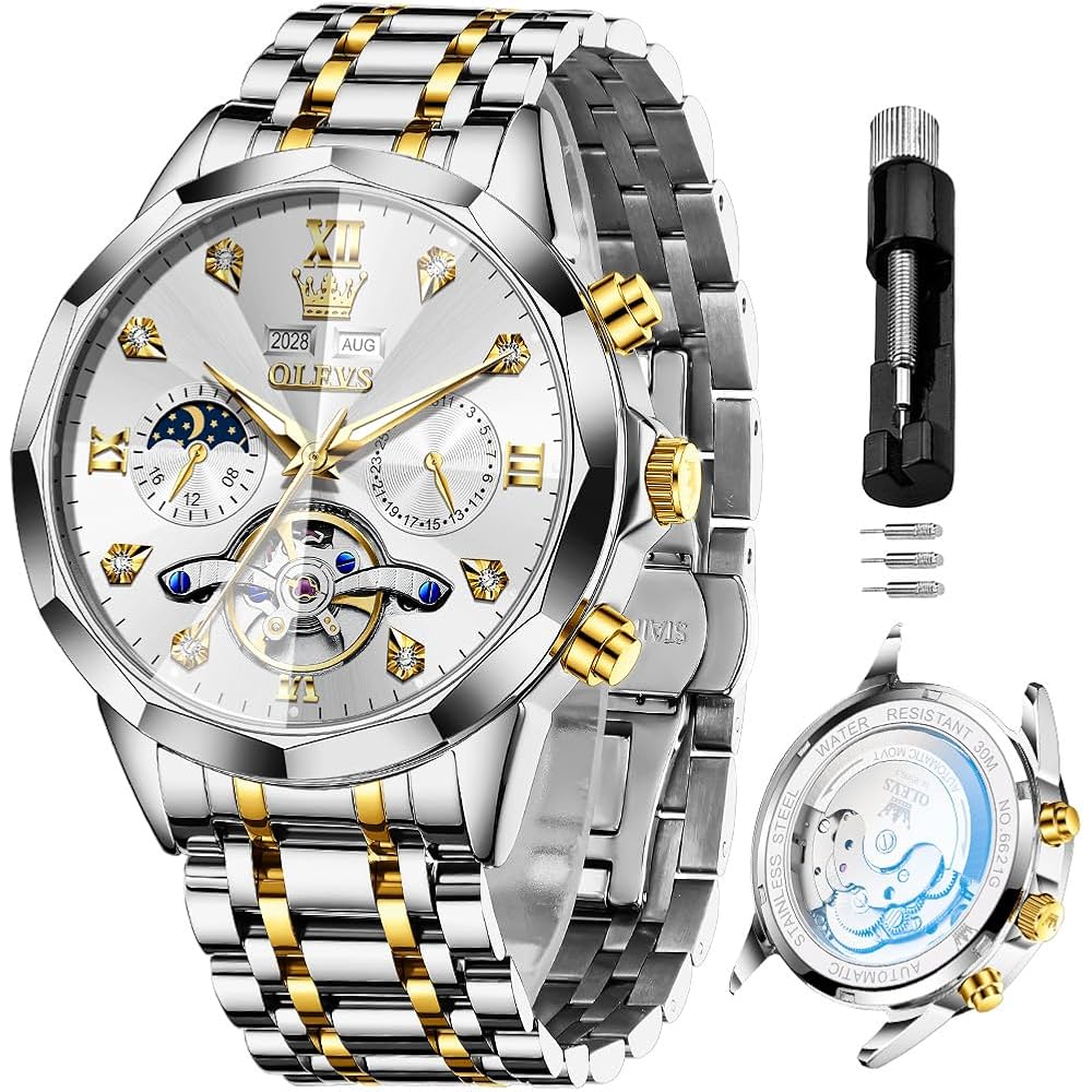 OLEVS Automatic Men s Business Dress Watch Stainless Steel Waterproof Classic Date Luxury Diamond Silver Watch 21