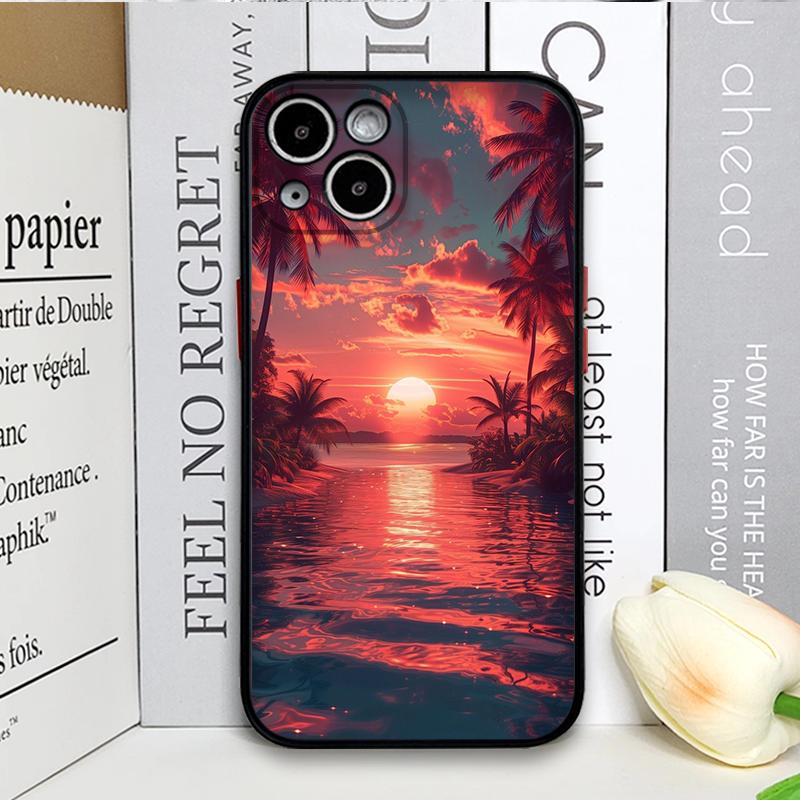 Creative Sunset Beach Wave Coconut Palm Landscape Phone Case for iPhone 17 16 Pro Max 15 14 13 12 11 Mini X 7 8 Plus Hard Cover
