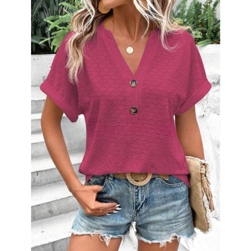 YYFS Women's Fashion Casual Summer Spring Solid Color Print Short Sleeve V-Neck Blouses & Shirts
