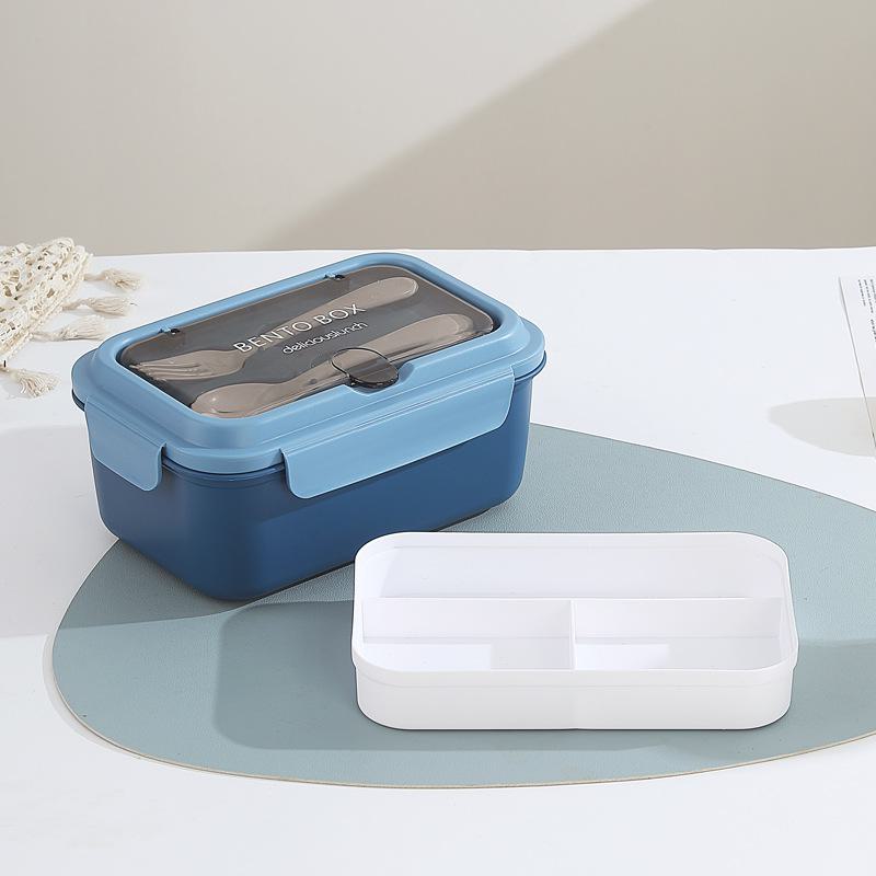 

Ланч-бокс из нержавеющей стали в скандинавском стиле с вилкой и ложкой, подходит для использования в микроволновой печи PP heightened inner double layer синий