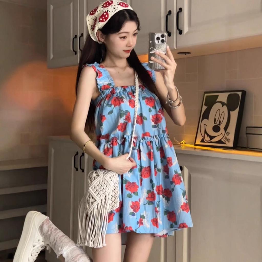 Retro fungus edge floral dress suspender dress women's summer loose and thin seaside vacation wind sweet short skirt