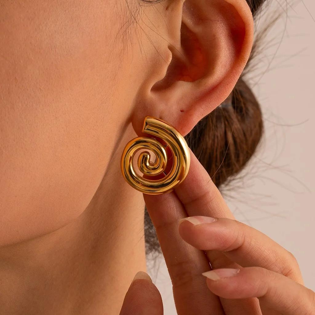 Gold Color Metal Glossy Stud Earrings INS Simple Spiral Texture Women's Earrings Trendy Jewelry Fashion Earring For Women
