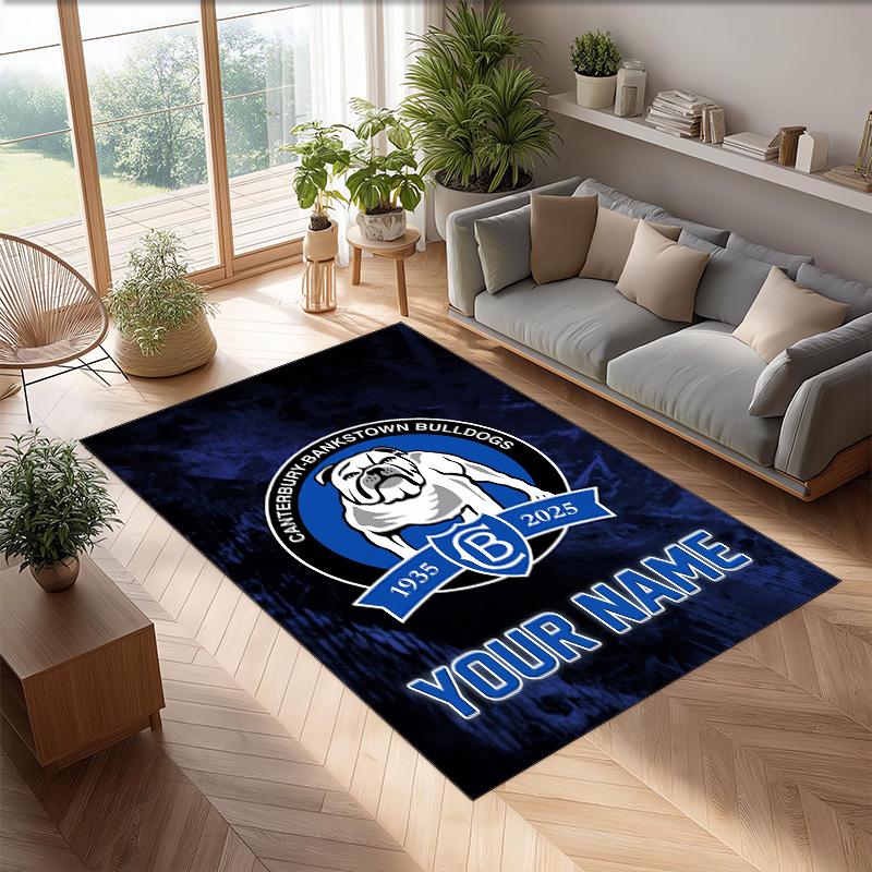 Canterbury-Bankstown Bulldogs Crystal Velvet Rug, Custom Name Text Personalized Non‑Slip Floor Mat for Home Decor Gift