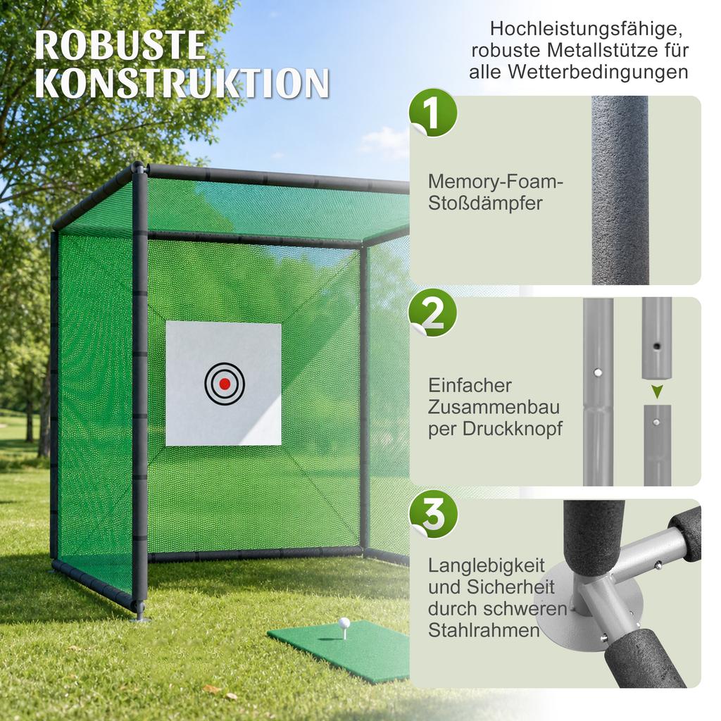 300x300x300cm Golf Practice Net, Indoor Outdoor Hitting Net with Target Sheet, Practice Mat & Rubber Tee, Steel Frame, Backyard, Garden, Garage, Park