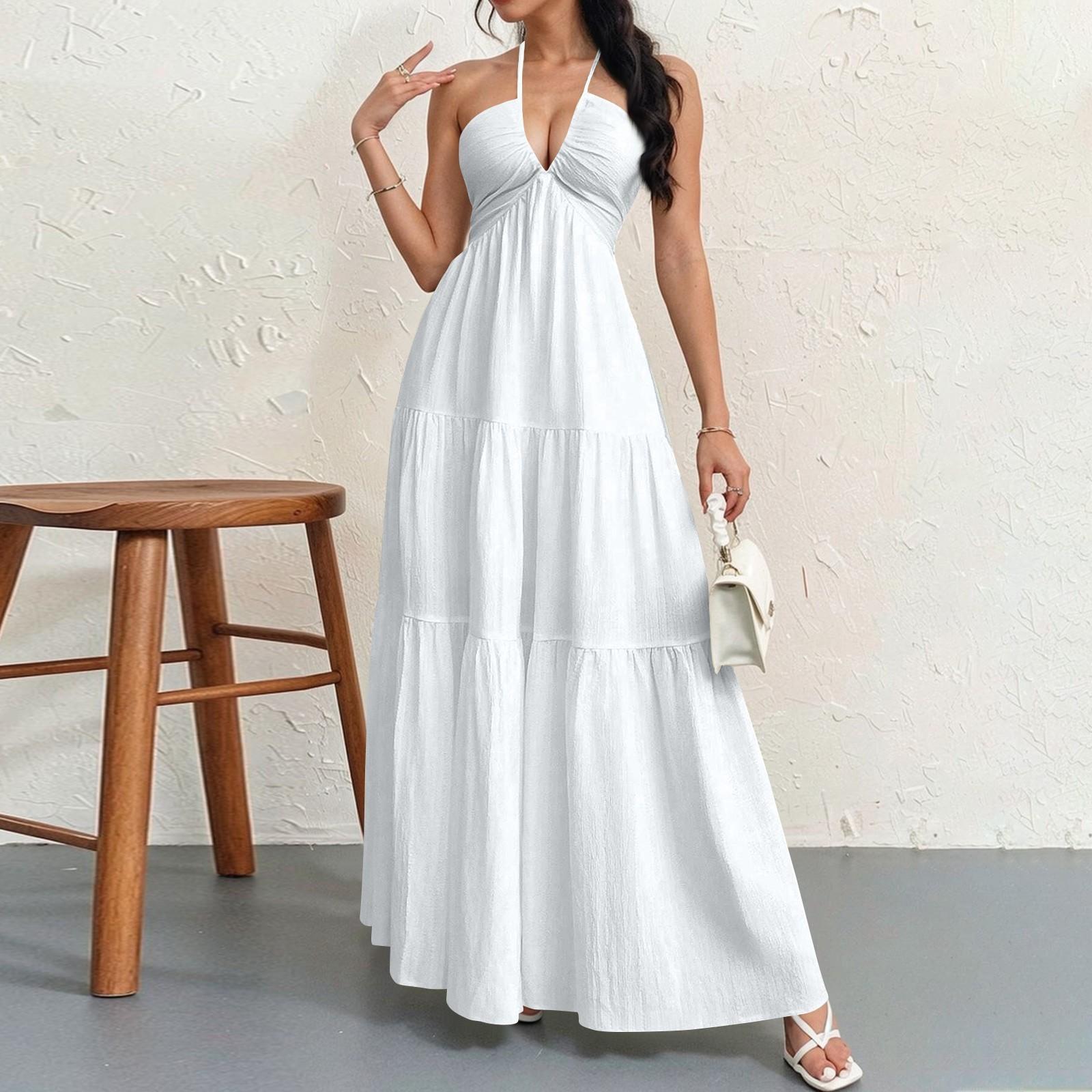 

Женские летние повседневные модные однотонные платья с V-образным вырезом без рукавов S белый
