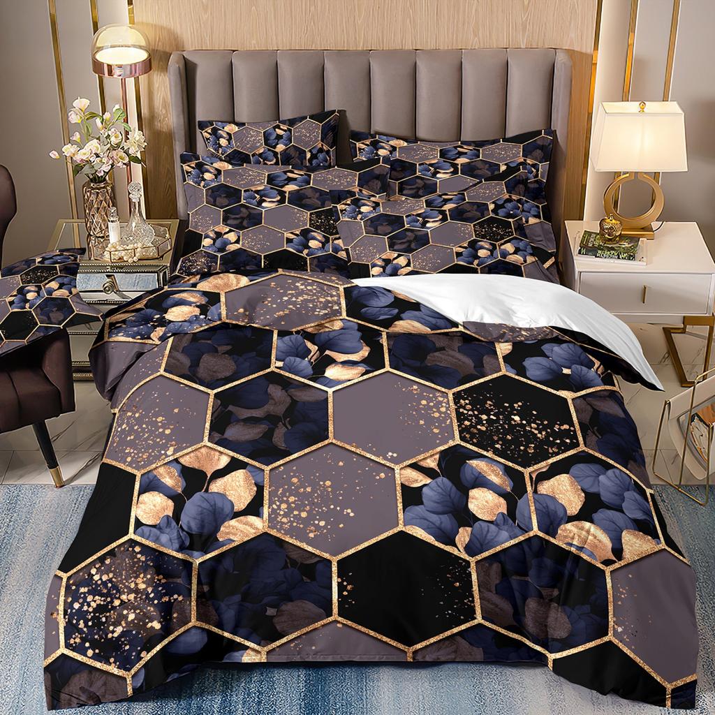 3D Digital Printing Light Luxury Geometric Honeycomb Stone Pattern Bedding Quilt Cover Three-Piece Set
