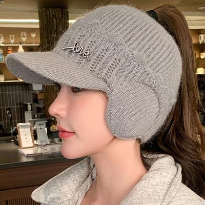 Autumn Winter Knitted Wool Hat - Thickened Warm Visor Cap, Outdoor Cycling Ear Protection, Women's Empty Top Baseball Cap