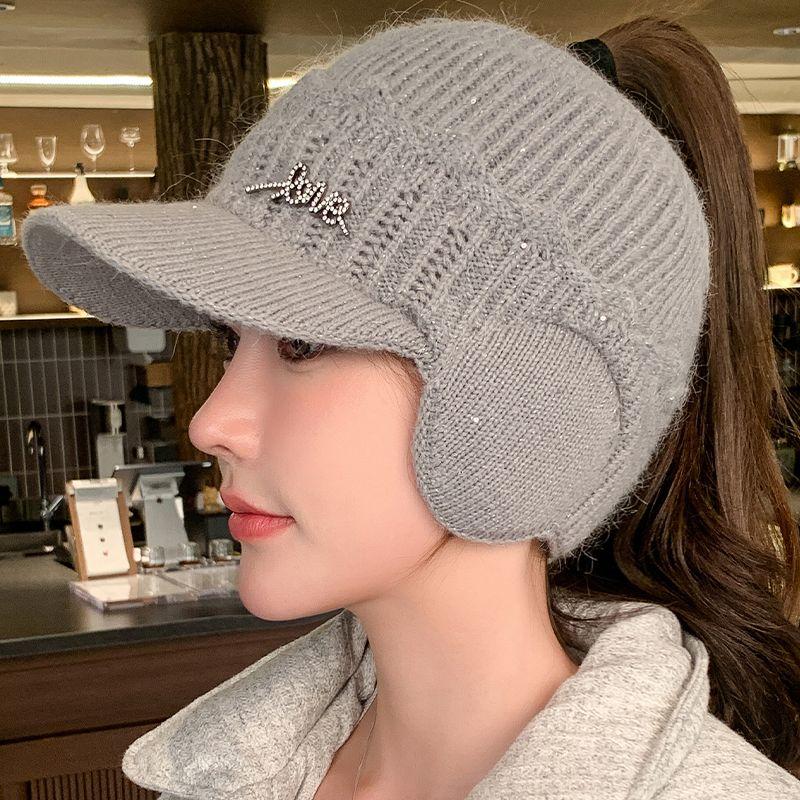 Autumn Winter Knitted Wool Hat - Thickened Warm Visor Cap, Outdoor Cycling Ear Protection, Women's Empty Top Baseball Cap