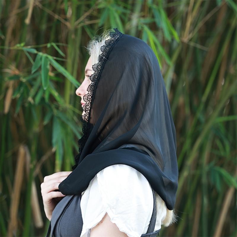 Stylish Black Chiffon Lace Wrap Elegant Women Headscarf Breathable Soft Scarf for Casual Outfits