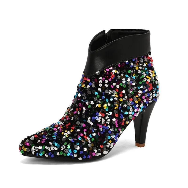 Fashion New Silver Sequin 8cm High-heeled Short Boots European American Autumn Winter Fashionable Elegant Women Ankle Boots Size 34-47