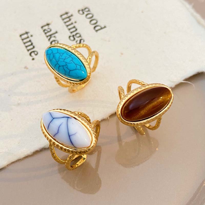Vintage Metal Brown Stone Open Rings for Women Fashion Gold Color Geometric Oval Double Layered Adjustable Rings Jewelry Gifts