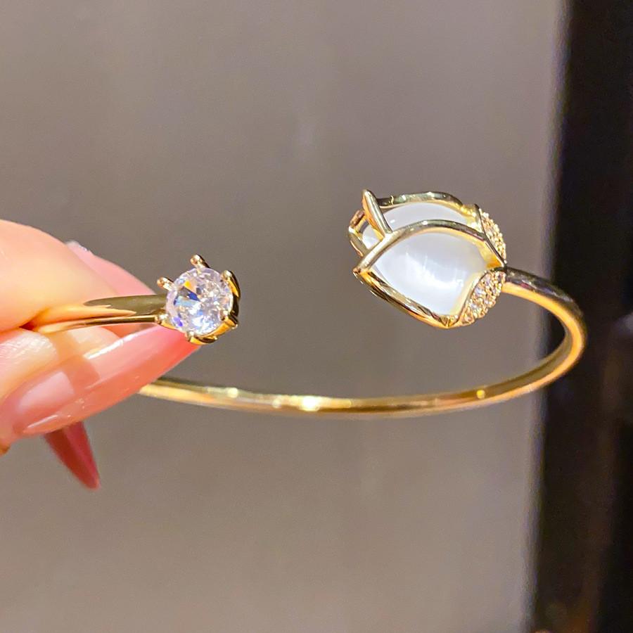 Zircon Flower Open Cuff Bracelet For Women Elegant Jewelry With Accents золотой