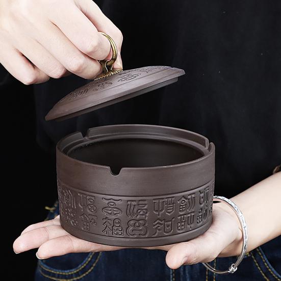 Ceramic Ashtray with Lid Retro Chinese Style Windproof Heat-resistant Ash Holder Portable Travel Home Office Outdoor Ash Storage Tray