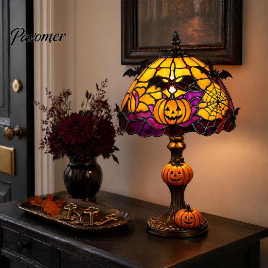 Interior Gothic Lighting Halloween Pumpkin Bat Table Lamp, Stained Glass Reading Light, Night Light Cozy Nightstand for Bedroom Bookshelf, Seasonal