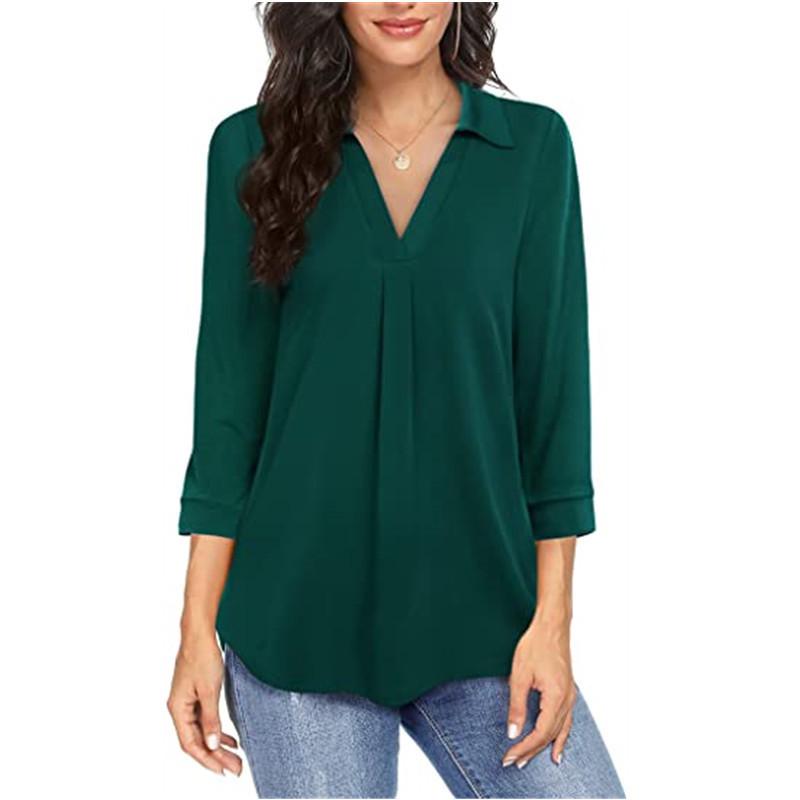 2025 Elegant Chiffon V-Neck Women's Shirt - Three-Quarter Sleeves, Solid Color