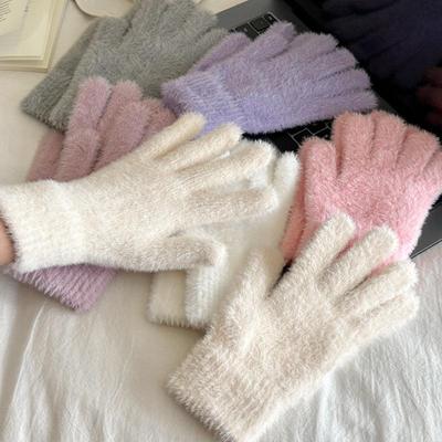 Taklit Vizon Kürk Örme Eldivenler Kışlık Sıcak Kalın Kadife Beş Parmak Eldiven Kadın Dış Mekan Bisiklet Düz Renk Eldivenler