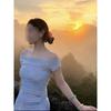 Pure Desire Wind Tube Top Tulle Dress Women's Summer Vacation Slanted Shoulder Atmosphere Slightly Transparent Kinked Long Dress French Look Thin