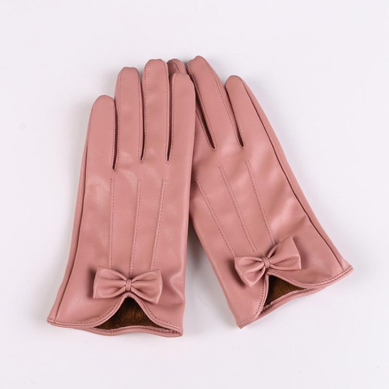 

Теплые перчатки женские кожаные сенсорные милые бантики трехлинейные сенсорные ветрозащитные бархатные осенне-зимние кожаные перчатки One Size розовый