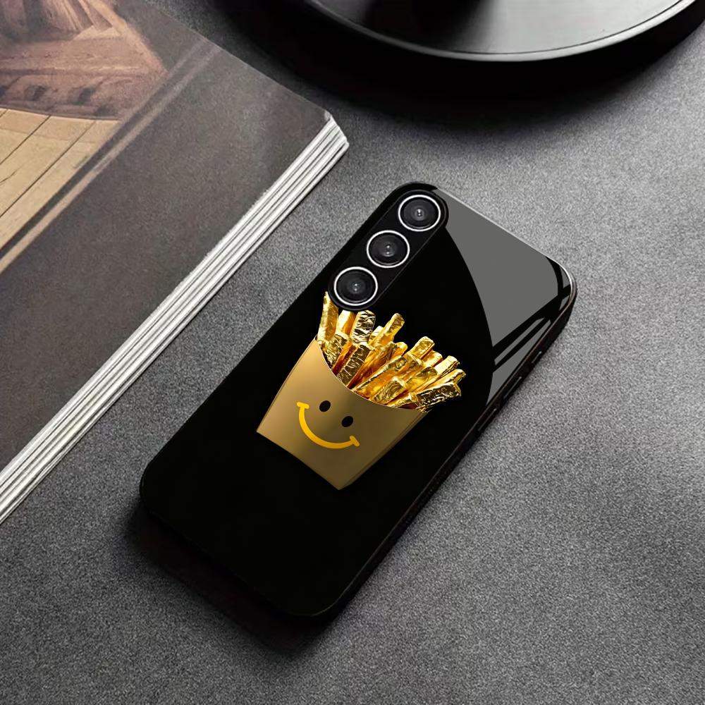 Smile face French fries Exquisite High-end PhoneCase Glass TPU PhoneCase for Samsung Galaxy S26 S25 S24 S23 S22 FE,Ultra,Plus