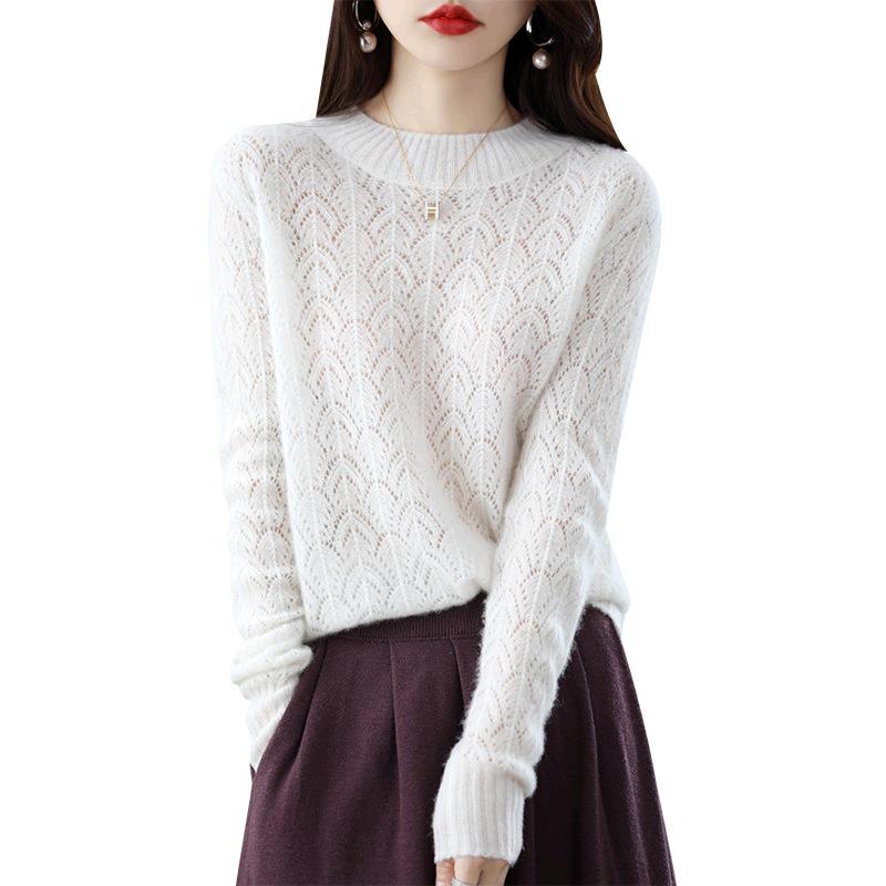2026 Spring/Autumn Women's Solid Color Knitted Pullover: Half-High Collar, Long Sleeve, Hollow Out, Loose Fit, Stylish Base Layer Sweater