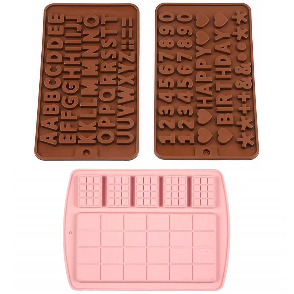 3-Pack Silicone Letter and Number Molds for Homemade Chocolate, Candy, Jelly or Ice Cubes, Cake Decorating, 21.5x11.5 cm, Brown/Pink