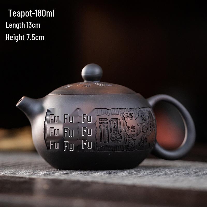 

Резной чайный набор из исинской глины Чжу Ни: Полуручной чайный набор Да Хун Пао для чаепития Кунг-фу с плоским чайником Сиши