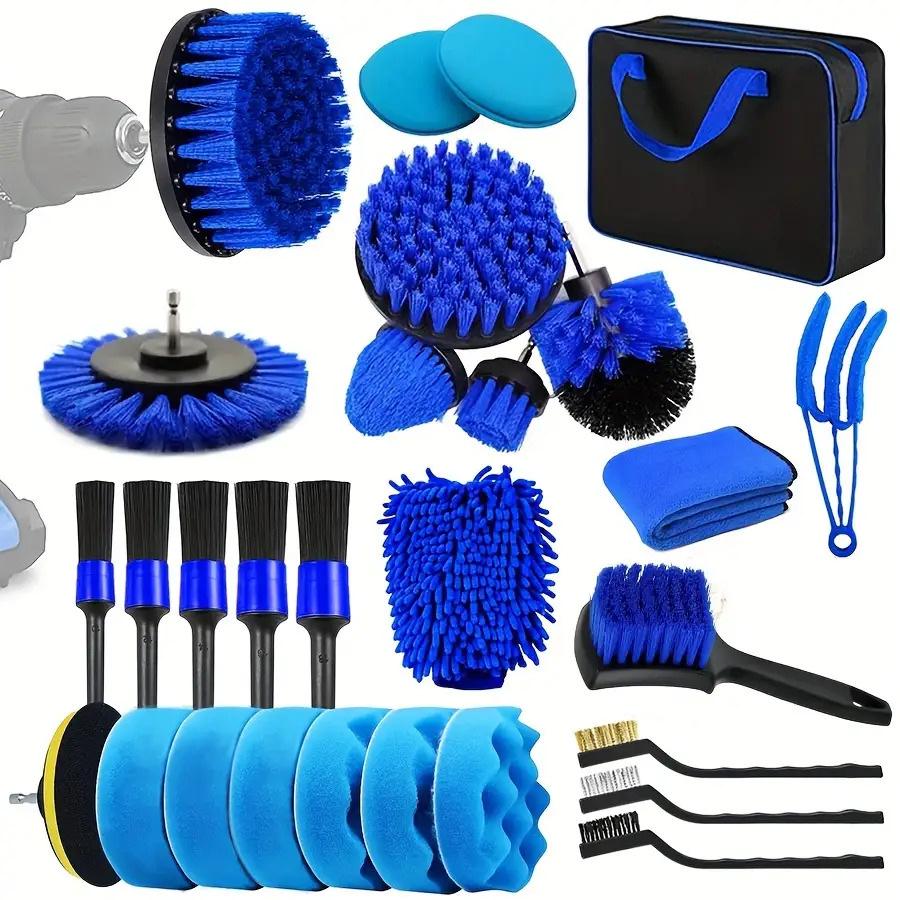 Red 28-Piece Car Cleaning Brush Set for Tires and Interior with Electric Drill Attachment