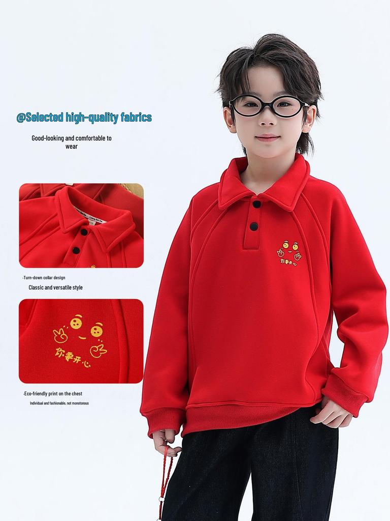 Boys' Red Fleece Hoodie - 2025 Autumn/Winter Zodiac Year of the Horse Outfit for Middle/Big Kids