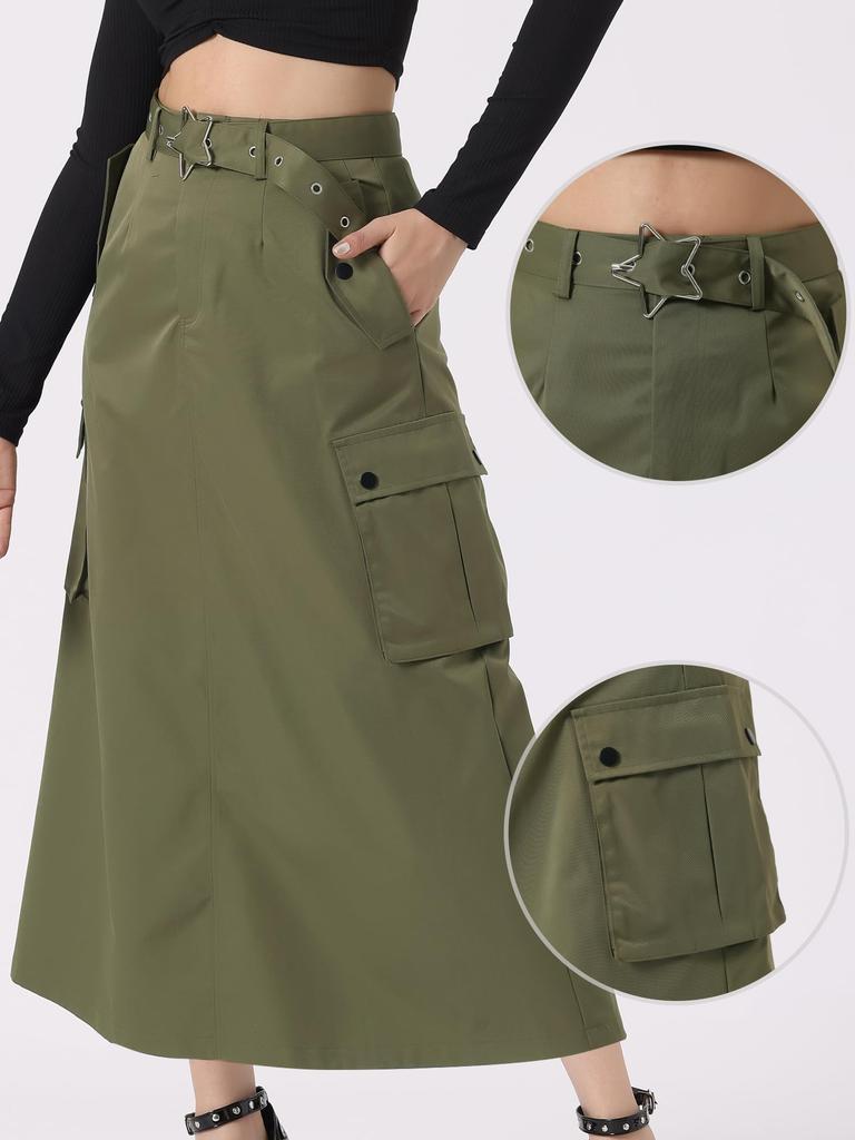 Allegra K Women's Midi Cargo Skirt, Trendy Y2K Skirt, Zip-Up High-Waisted Straight Long Skirt with Pockets, Army Green, Size L