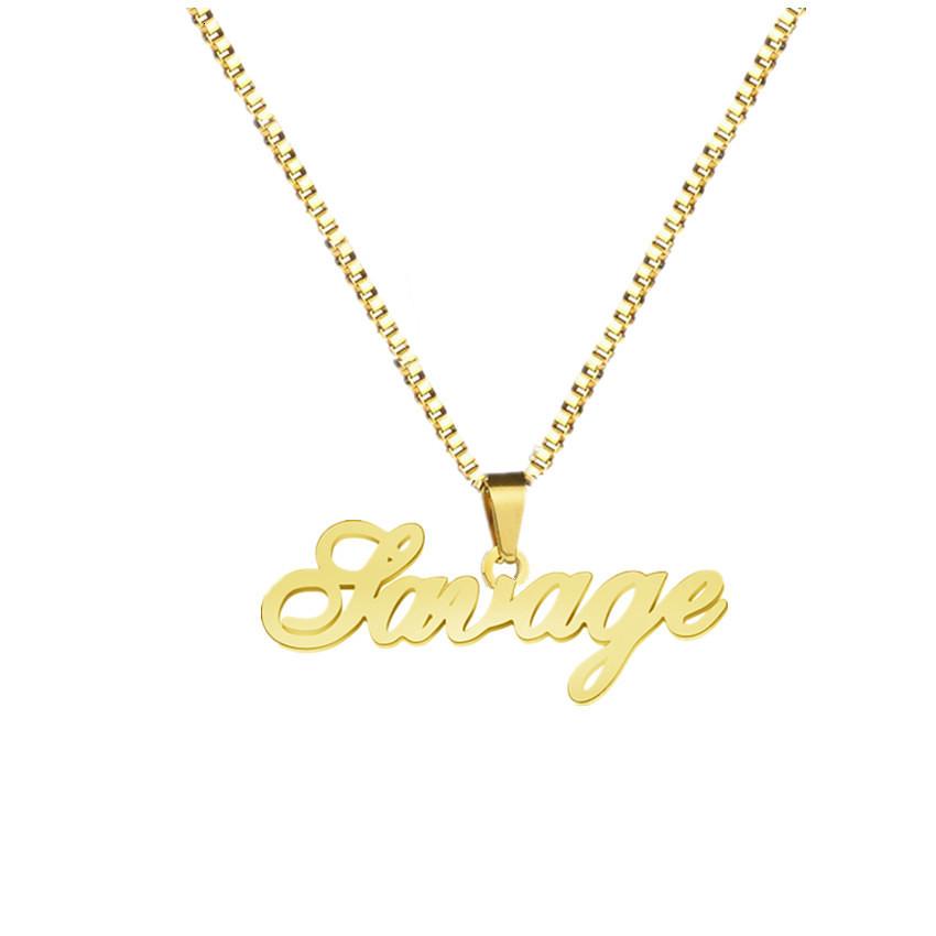 Personalized 18K Gold Plated Stainless Steel Name Necklace with Engraving and Box Chain