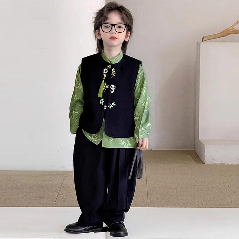Traje Chinês Tang para Meninos Outono 2025: Conjunto de Camisa e Calça Bordada de Panda Estilo Antigo