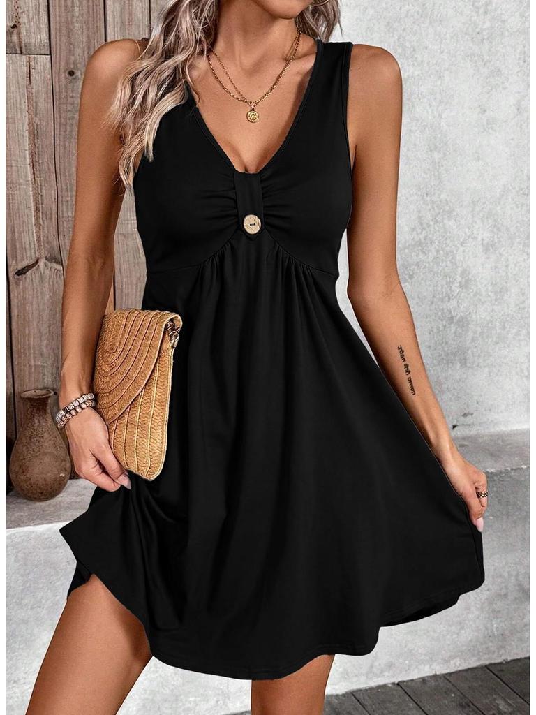 2026 Women's Short Sleeve V-Neck Button Dress - Solid Color Spring/Summer Collection