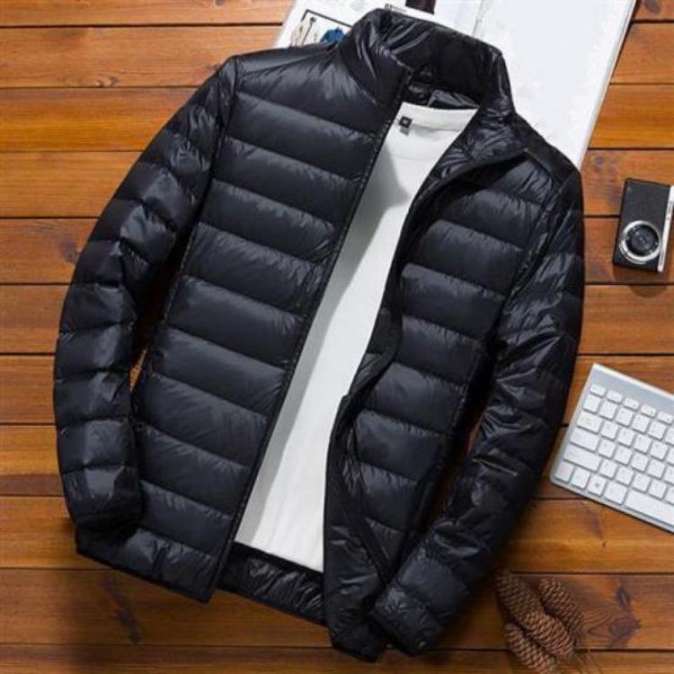 Lightweight Quilted Down Cotton Jacket for Men Stand Collar Long Sleeve Zipper Closure with Side Pockets