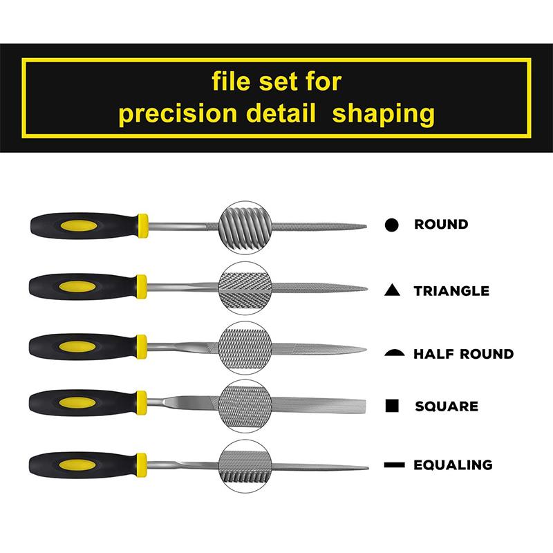 5-Piece Metal Needle File Set - Hardened Alloy Steel Includes Flat, Warding, Square, Triangular, Round, and Half-Round Files