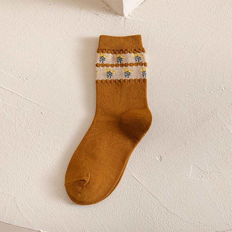 Vintage Floral Print Middle Tube Socks For Women Soft Cotton Autumn Spring Harajuku Japanese Socks Female Girl Casual Long Sock