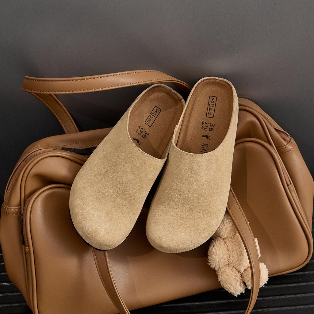 Version i kohud~ Birkenstock skor läder rad vind mjuk yta lata skor enpedal tjockbottnad väska huvud Boken damskor halvtofflor