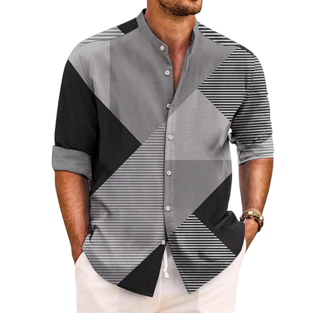Herren Locker und Lässig Langarmhemd mit Farbblock-Geometrie-Druck Stehkragen Knopfhemd