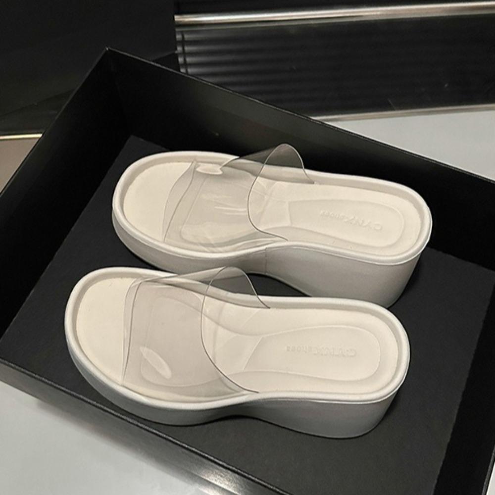 Fashion Women's Outdoor Slippers 2025 New Summer Slope Heel Beach Slippers Transparent Strap High Heel Thick Bottom Straight Sandals